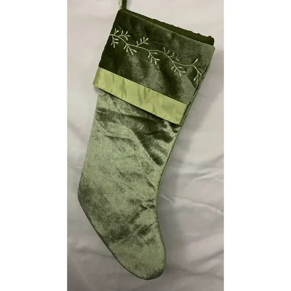 Christmas Stocking Tone on Tone Greens Floral Leaves Embroidery on Cuff - Picture 4 of 5